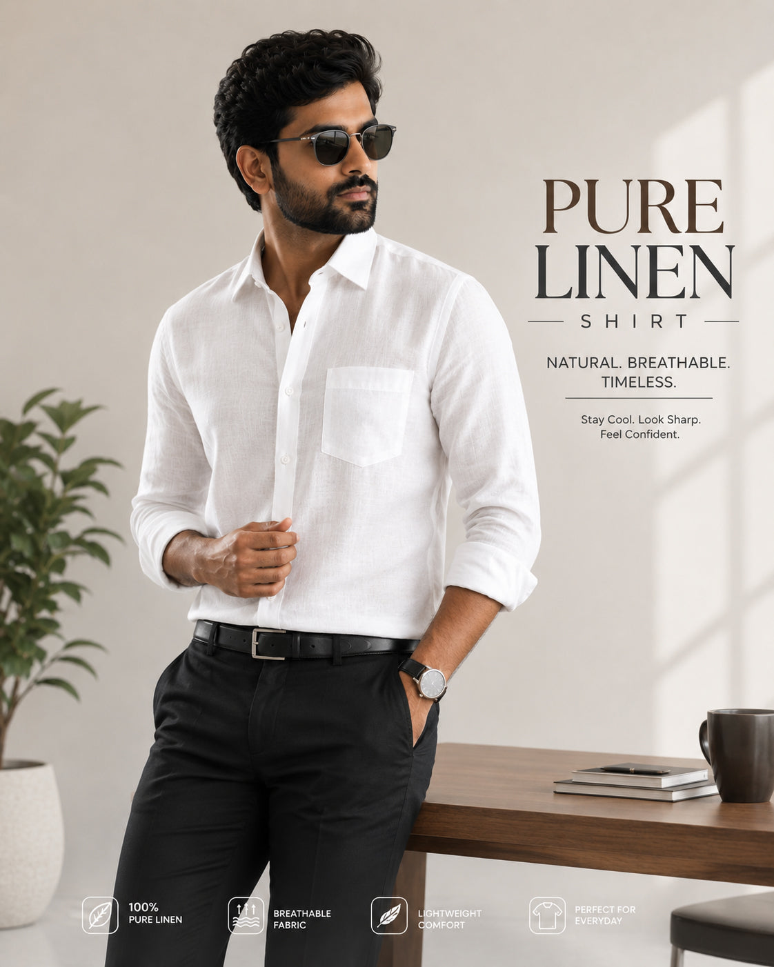 PURE LINEN WHITE FULL SLEEVE SHIRT - 6026 MEN WHITE SHIRT