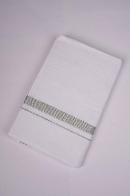 Mens White Double Dhoti Cotton Blend with Silver Jari Border - 3.80M | SLD-28