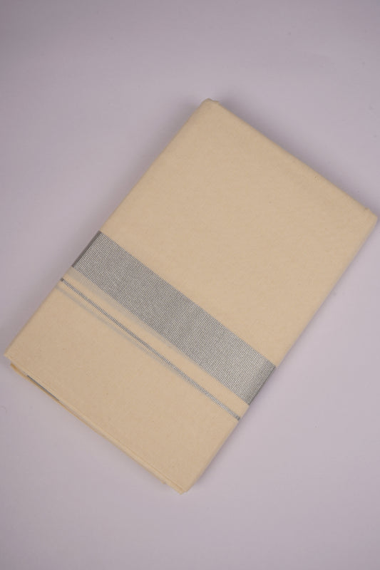 Mens Cotton Blend Double Cream Dhoti With Silver Jari Border 3.80 M - SLD-93c