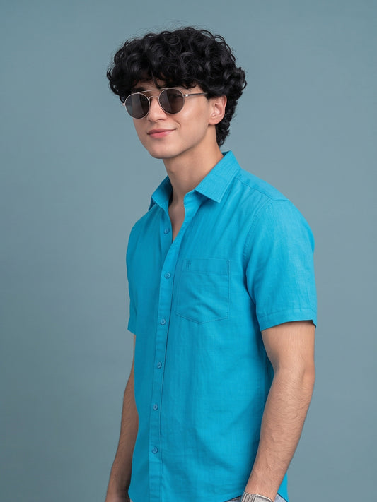 Stain Free Half Sleeve Formal Blue Men Shirt-68003