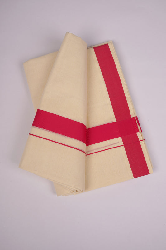 FD-08C CREAM DOUBLE DHOTHIE 3.80 MTR-Dark Pink