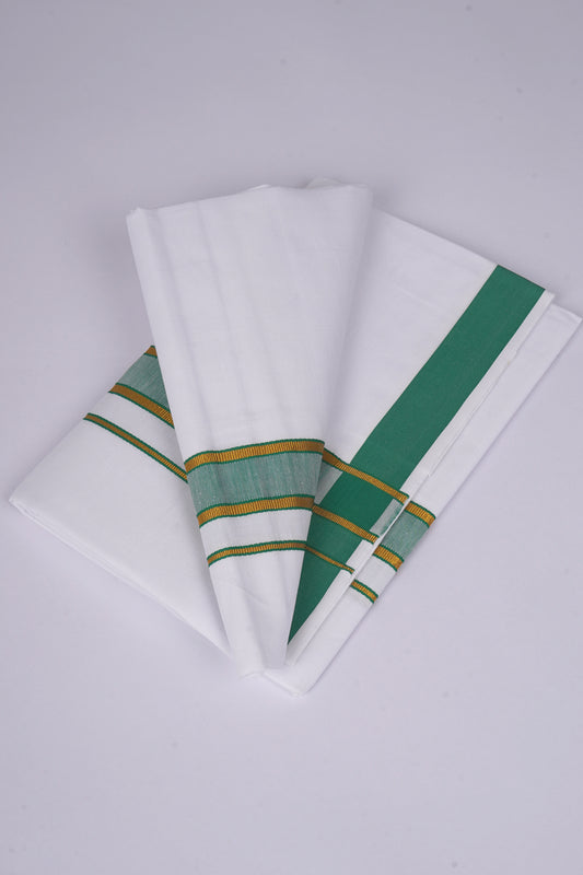 Mens Cotton Blend White Dhoti Single Fancy Border 2.00 m|FS-106 FOREST GREEN