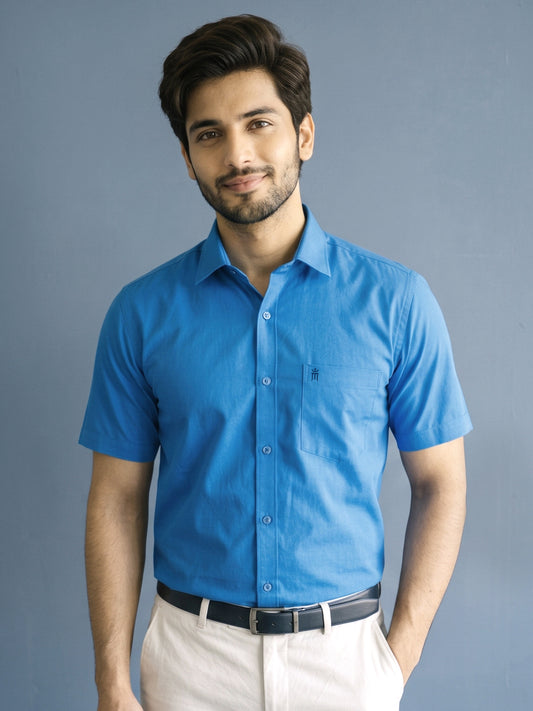Stain Free Half Sleeve Formal Blue Color Shirt For Men-68007