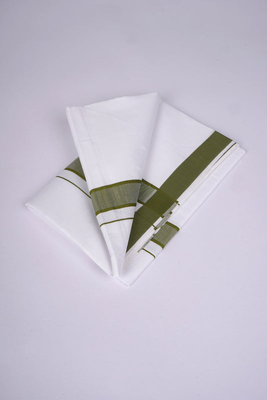 Mens Cotton Blend White Dhoti Single Fancy Border 2.00 m|FS-112 OLIVE GREEN