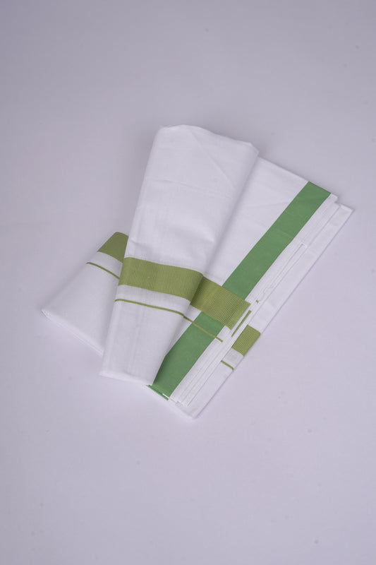 Mens Cotton Blend White Dhoti Single Fancy Border 2.00 m|FS-98 OLIVE GREEN