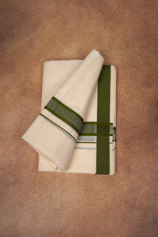 FD-174C CREAM DOUBLE DHOTHIE 3.80 MTR -Dark Green
