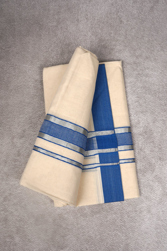 FCD-01C CREAM DOUBLE DHOTHIE 4.00 MTR - Ink Blue