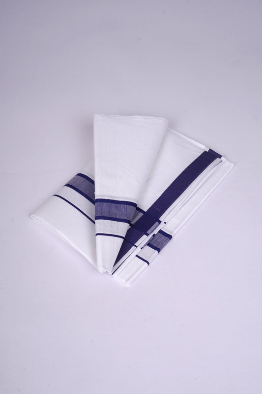 Mens Cotton Blend White Dhoti Single Fancy Border 2.00 m|FS-112 NAVY BLUE