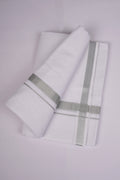 Mens White Double Dhoti Cotton Blend with Silver Jari Border - 3.80M | SLD-28