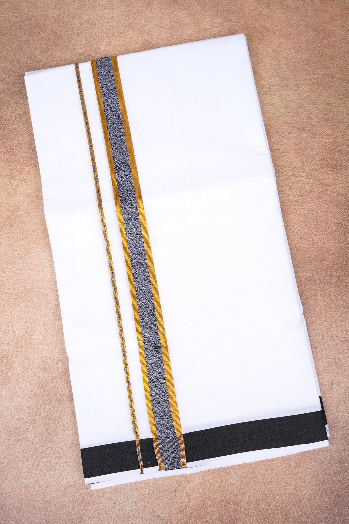 Mens Fancy Cotton Karai White Double Dhoti - 3.80M | Marina | Black