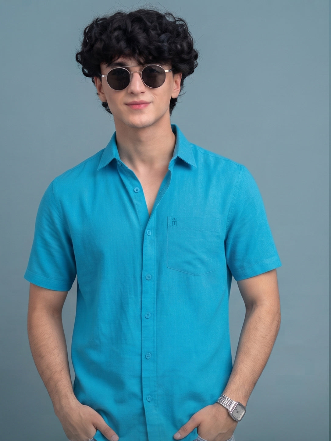 Stain Free Half Sleeve Formal Blue Men Shirt-68003