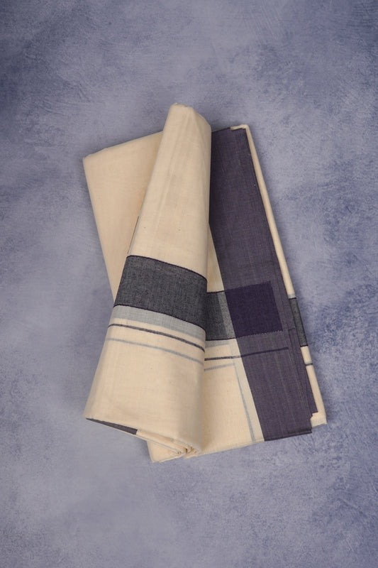 FCD-39C CREAM DOUBLE DHOTHIE 4.00 MTR - Dark Blue