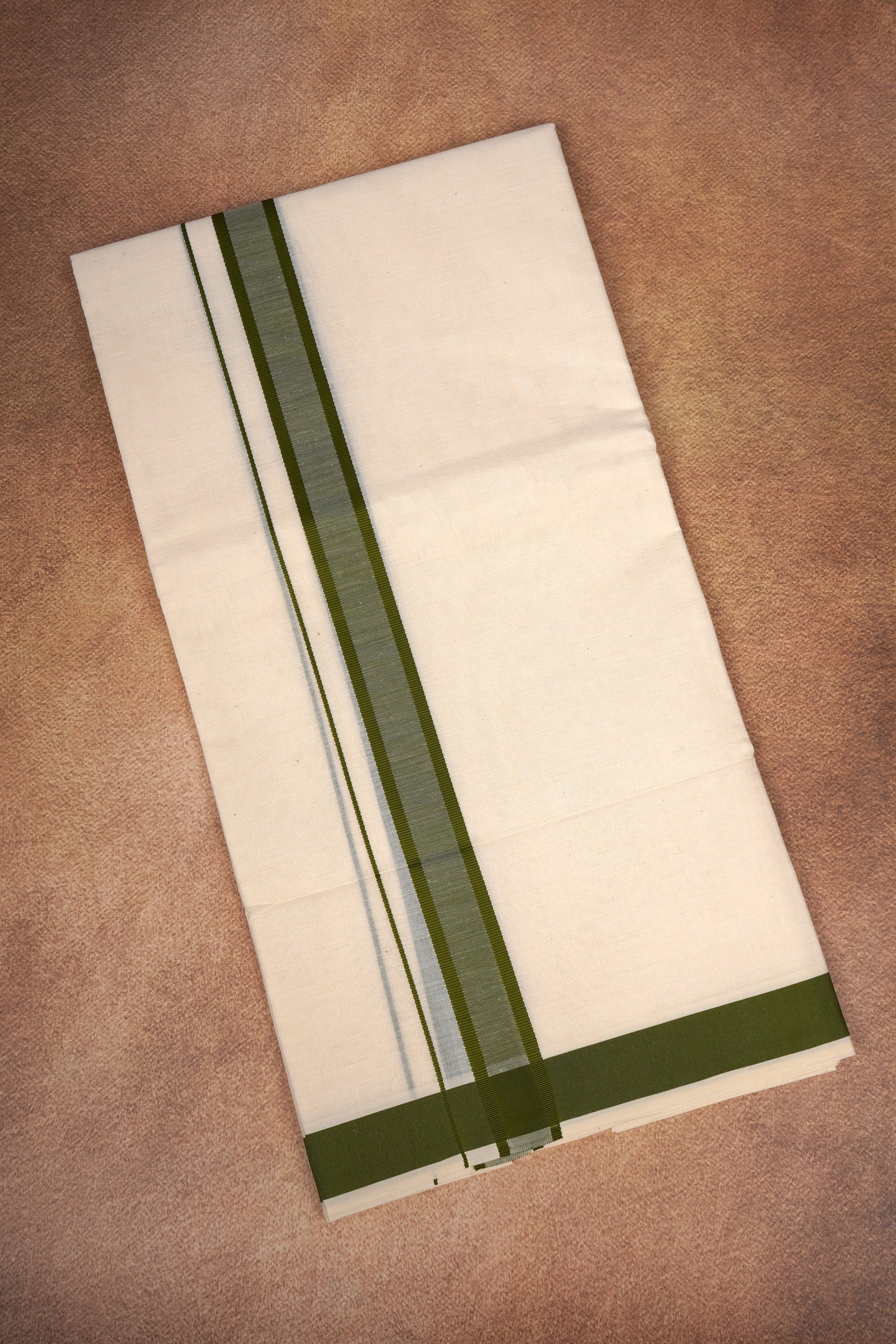 FD-174C CREAM DOUBLE DHOTHIE 3.80 MTR -Dark Green