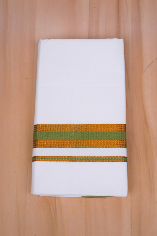 Mens  100 % Cotton White Single Dhoti With Fancy Border OLIVE GREEN 2.00 m|GOLD MAX