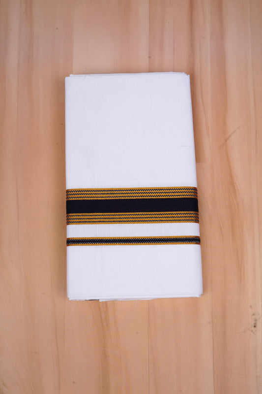 Mens  100 % Cotton White Single Dhoti With Fancy Border BLACK 2.00 m|GOLD MAX