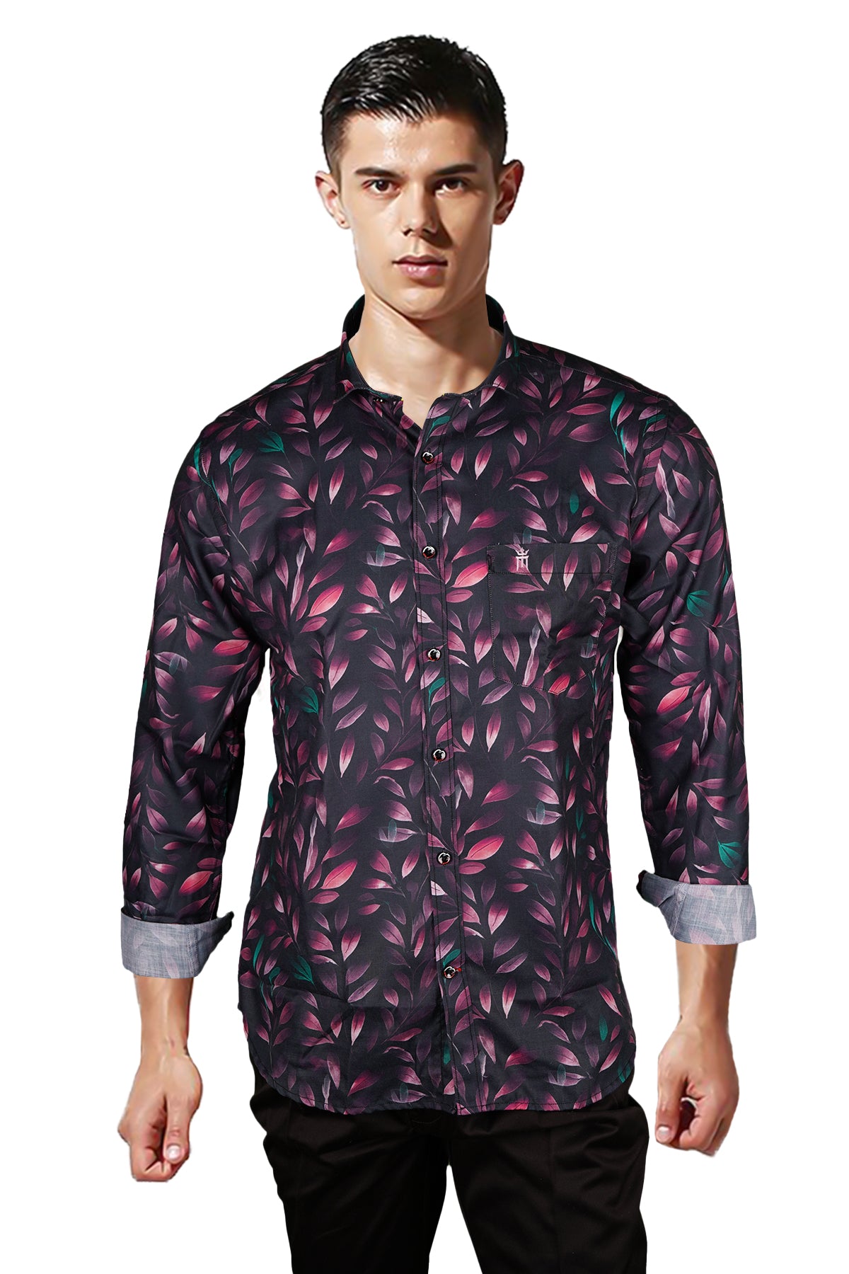 NEWSMAKER SLIMFIT FULL SLEEVE FLORAL BLACK MEN SHIRT