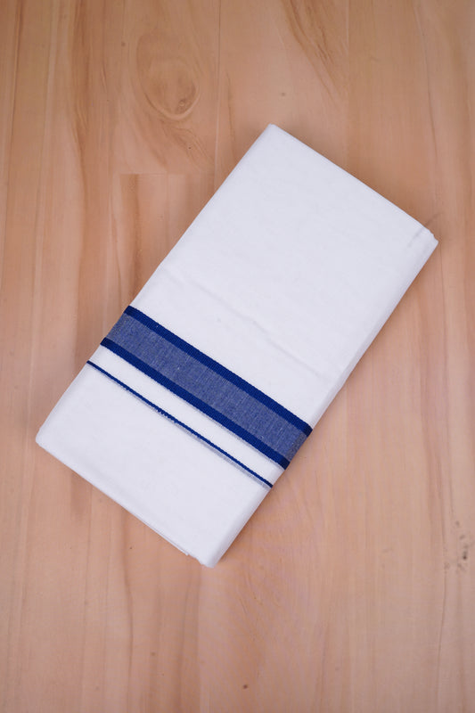 Pure  Cotton White Double Dhoti Fancy Border 3.80 m|FCD-471 NAVY BLUE