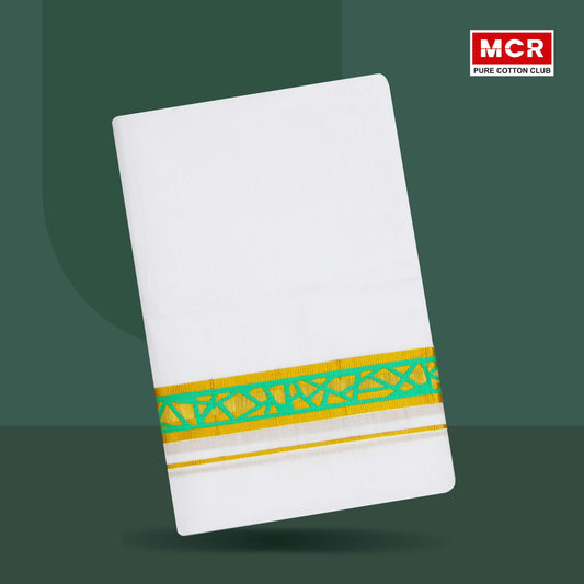 RICH MAN PRINT GOLD JARI WHITE DOUBLE DHOTHIE 3.80 MTR FOR MEN - GLD-174 (Assorted colours only)