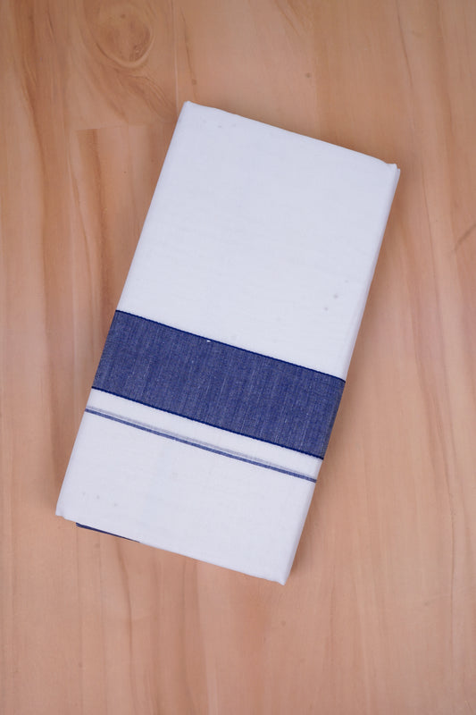 Pure  Cotton White Double Dhoti Fancy Border 4.00 m|FCD-39 NAVY BLUE