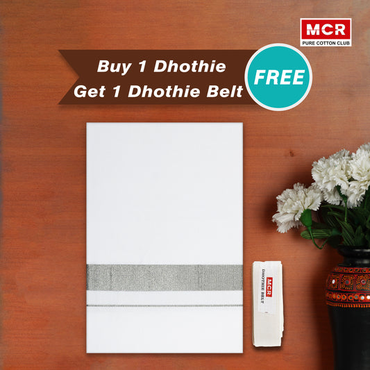 1 INCH SILVER JARI BORDER WHITE DHOTHIE FOR MEN-SLS-06 BUY 1 DHOTHIE GET DHOTHIE BELT