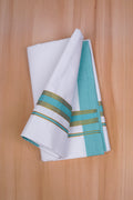 Mens  100 % Cotton White Single Dhoti With Fancy Border SKY BLUE 2.00 m|GOLD MAX
