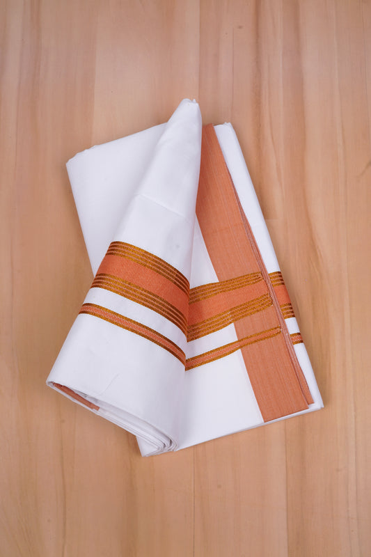 Mens  100 % Cotton White Single Dhoti With Fancy Border ORANGE 2.00 m|GOLD MAX