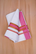 Mens  100 % Cotton White Single Dhoti With Fancy Border DARK PINK 2.00 m|GOLD MAX