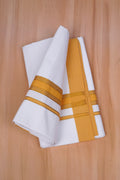 Mens  100 % Cotton White Single Dhoti With Fancy Border MUSTARD 2.00 m|GOLD MAX