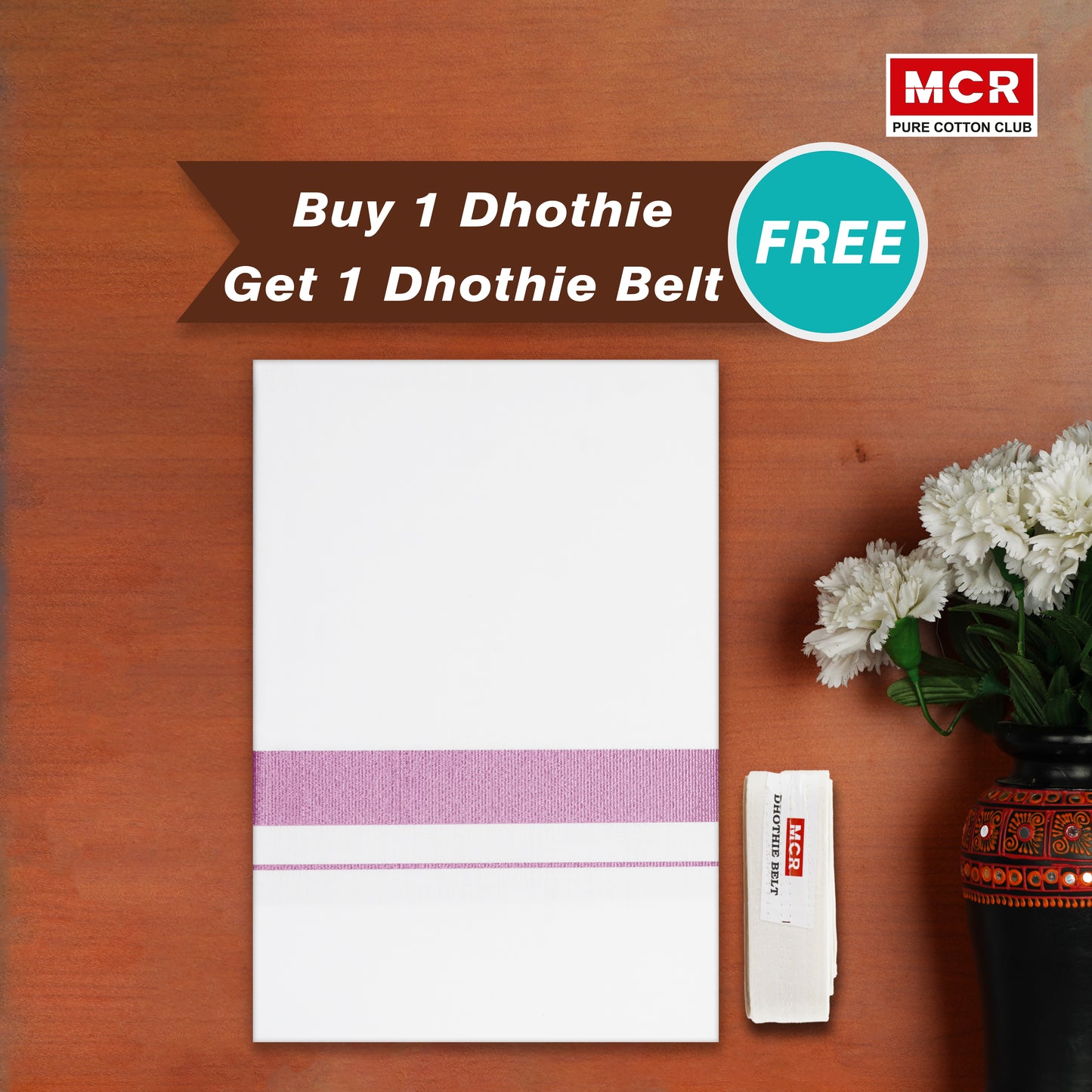 Rose jari Border White Single Dhoti - GLS-25 Buy 1 Dhothie Get 1 Dhothie Belt Free