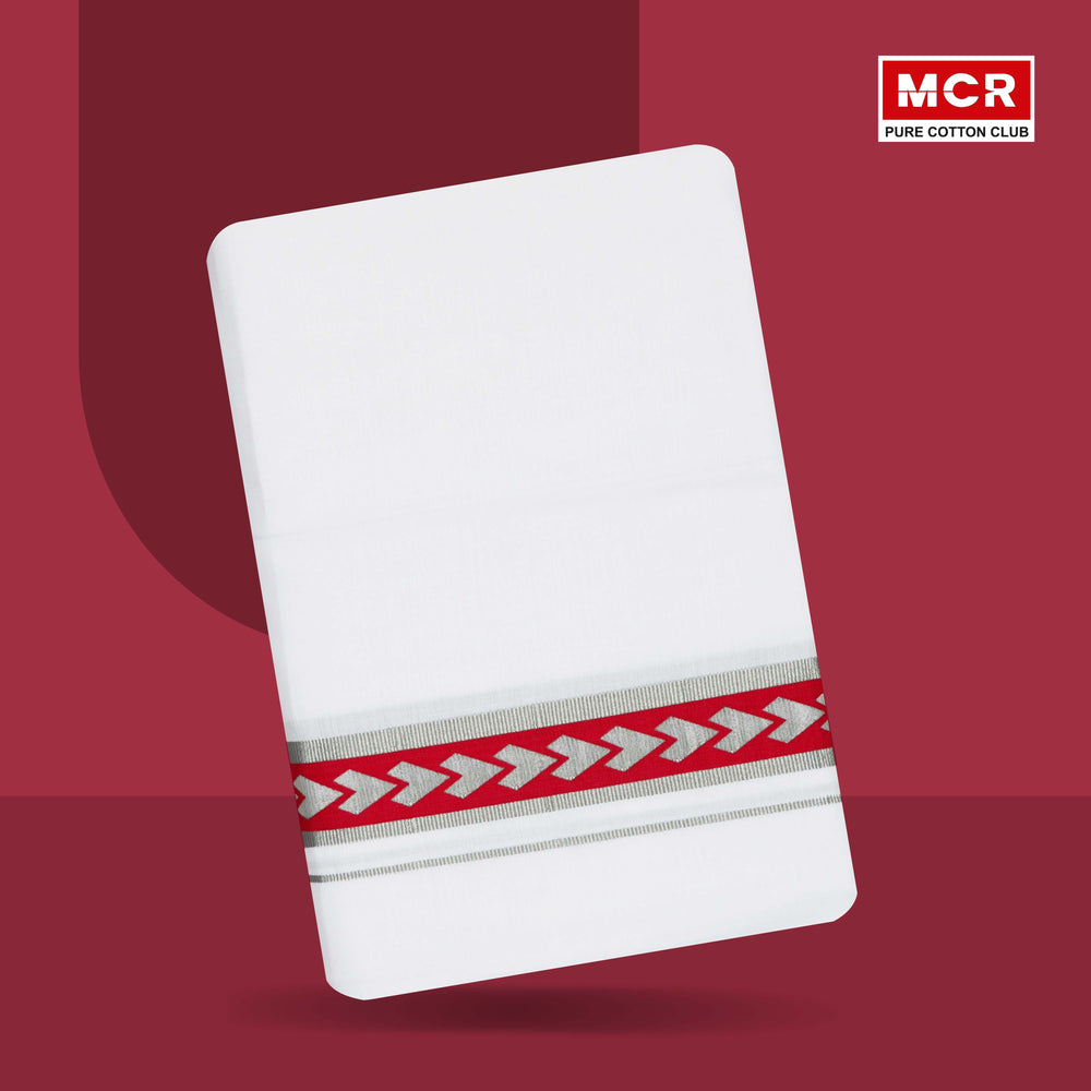 RICH MAN PRINT SILVER JARI WHITE DOUBLE DHOTHIE 3.80 MTR FOR MEN - SLD-99 (Assorted colours only)