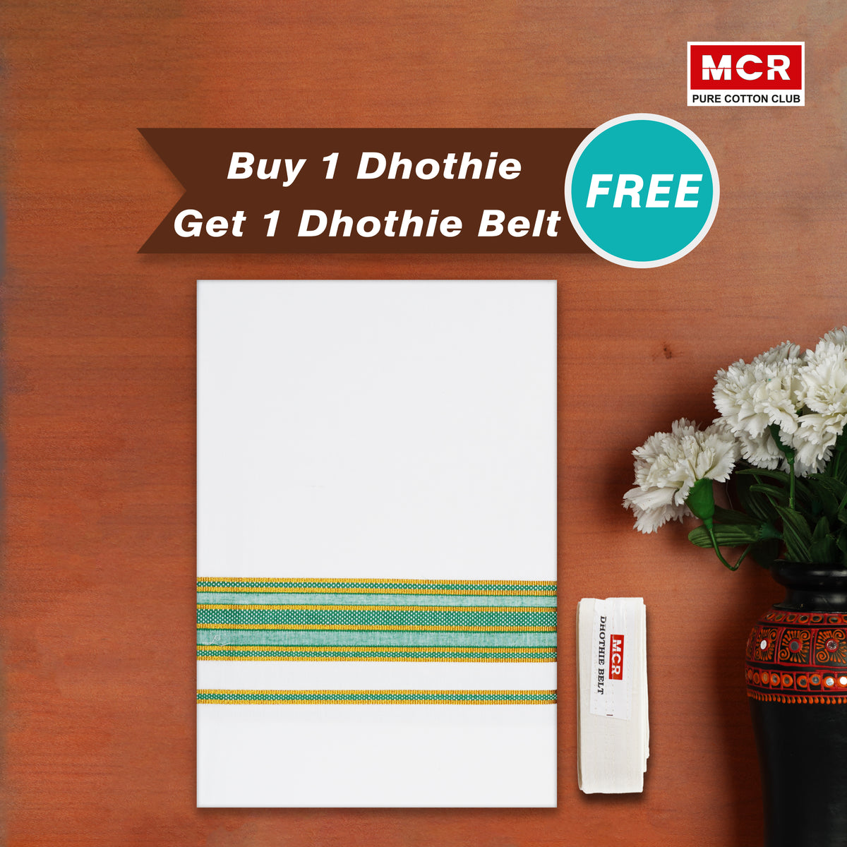 Fancy Design Border White Single Dhoti - FCS-24 Buy 1 Dhothie Get 1 Dhothie Belt Free (Assorted colours only)