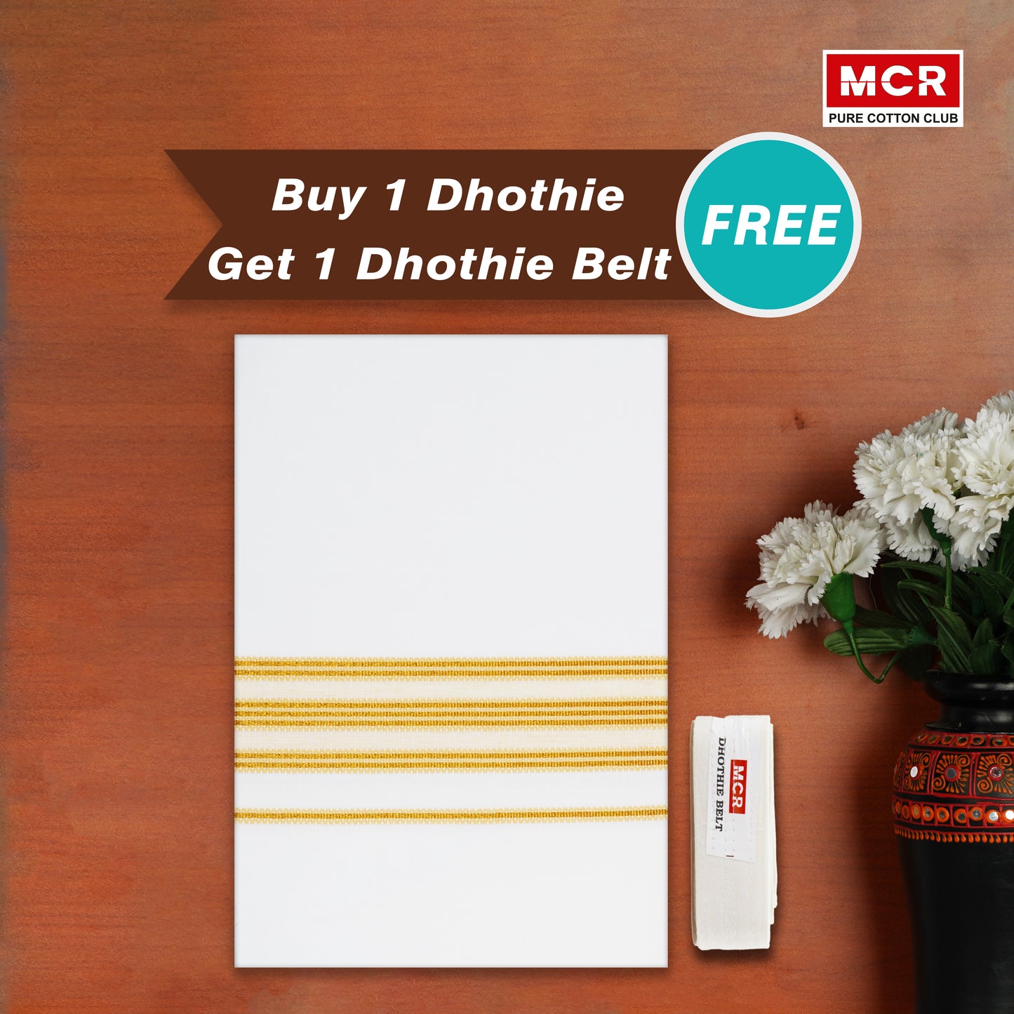 Fancy Design Border White Single Dhoti For Men - FCS-26  Buy 1 Dhothie Get 1 Dhothie Belt Free (Assorted colours only)