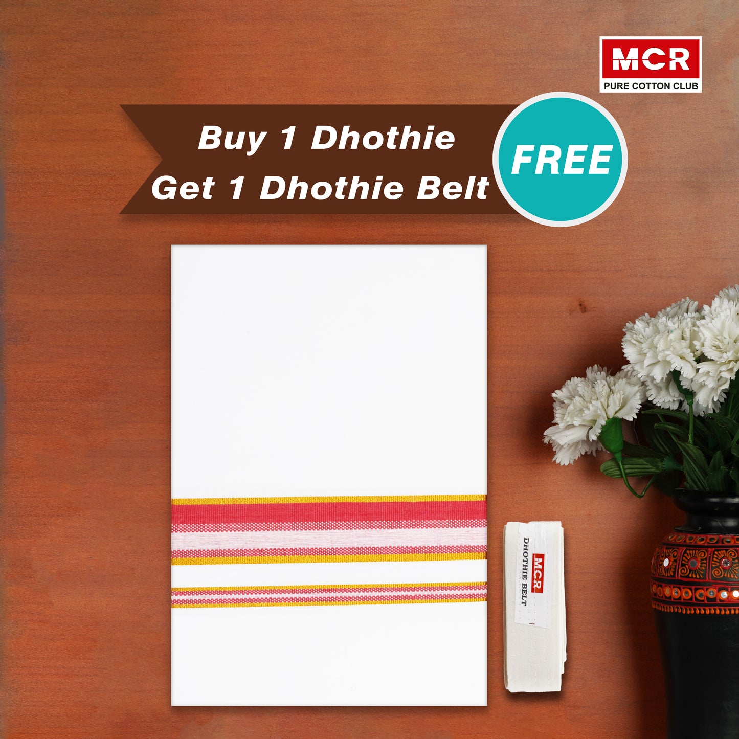 Fancy Design Border White Single Dhoti - FCS-25 Buy 1 Dhothie Get 1 Dhothie Belt Free (Assorted colours only)