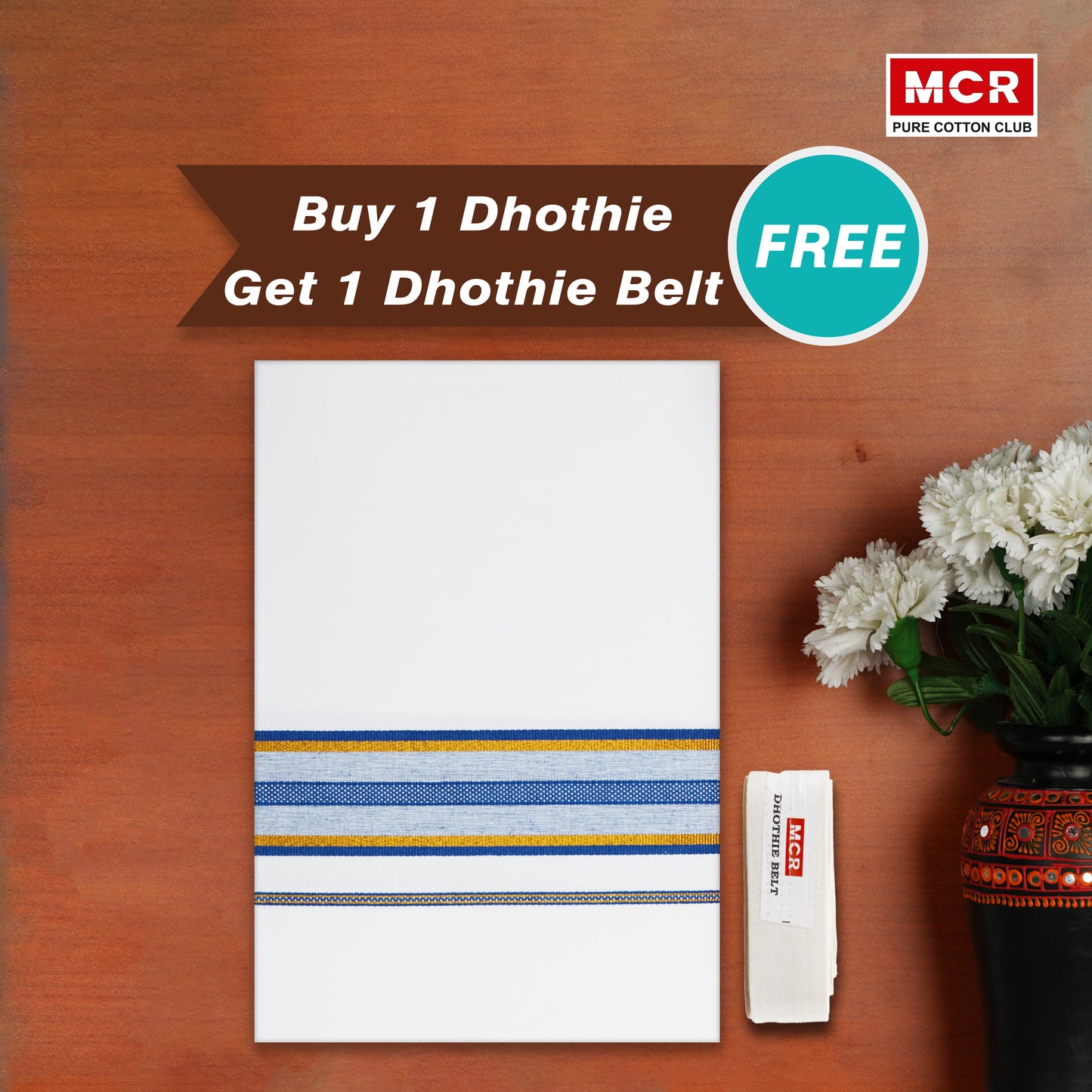 Fancy Design Border White Single Dhoti - FCS-28 Buy 1 Dhothie Get 1 Dhothie Belt Free (Assorted colours only)