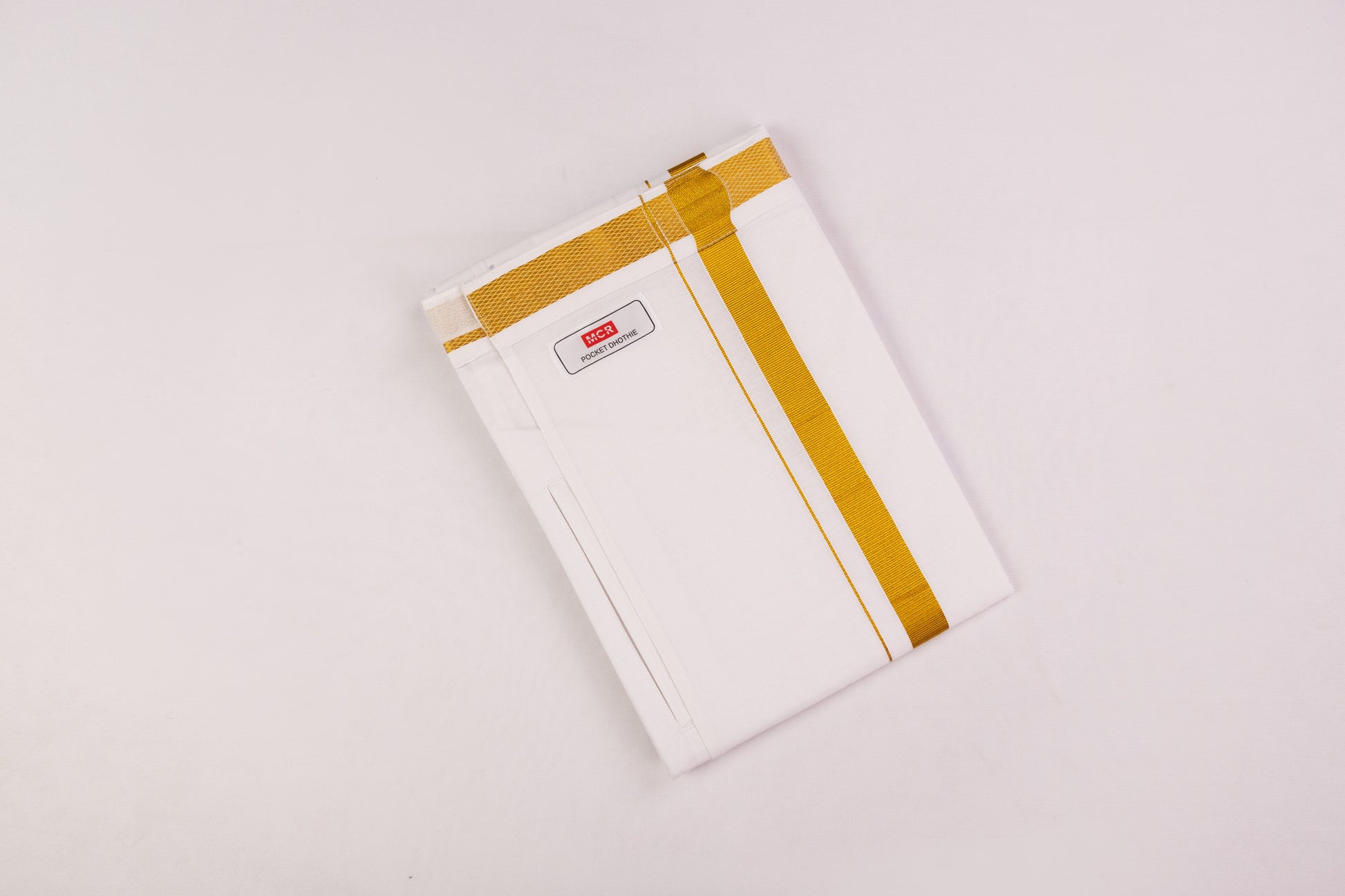 VELCRO POCKET WHITE GOLD BORDER READYMADE DHOTHIE 