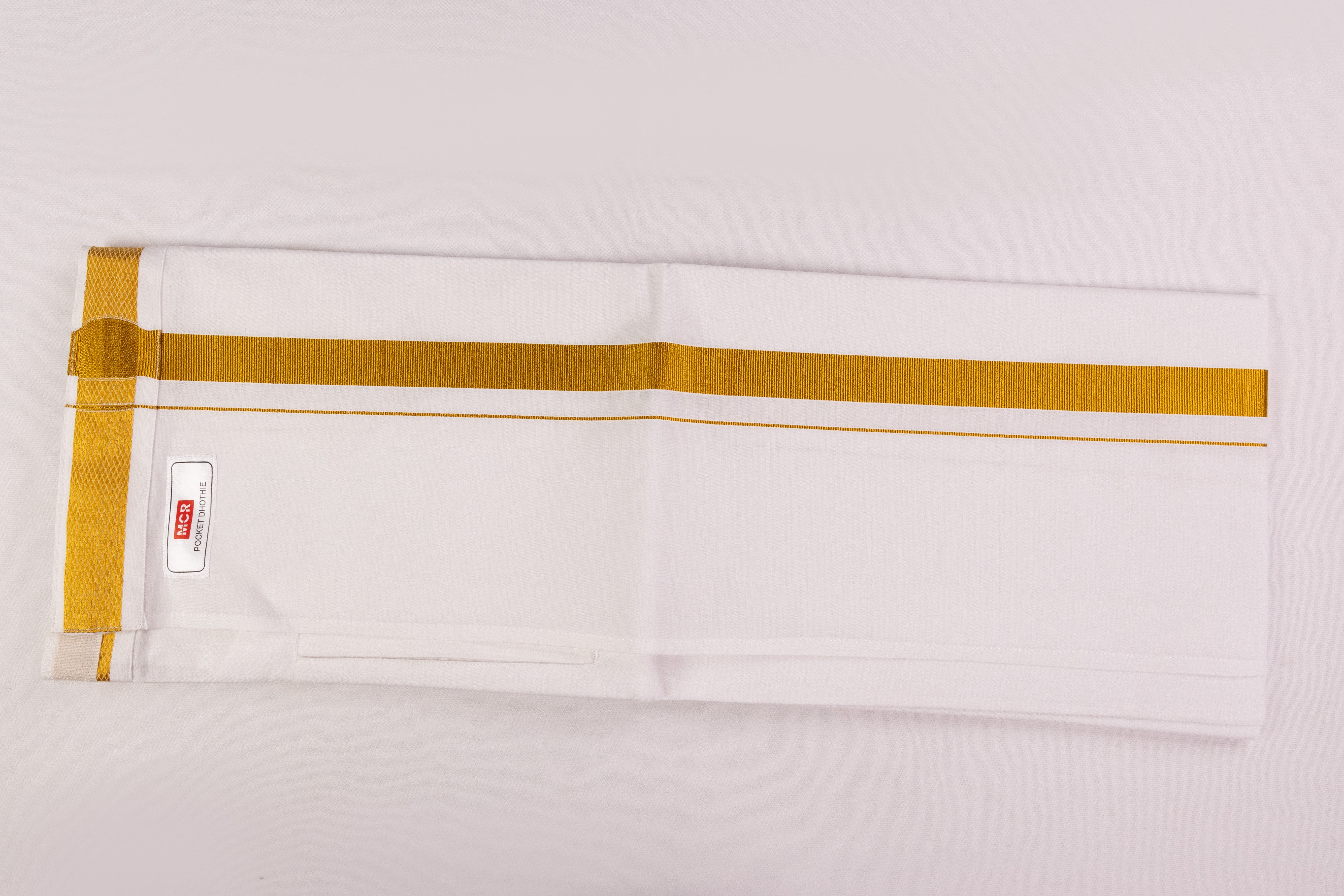 VELCRO POCKET WHITE GOLD BORDER READYMADE SINGLE DHOTHIE - PKT GLS-02