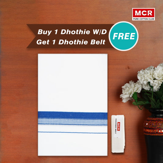 White Double Dhothie Cotton Colour Border For Men - FCD-362 Buy 1 Dhothie Get 1 Dhothie Belt Free (Assorted colours only)
