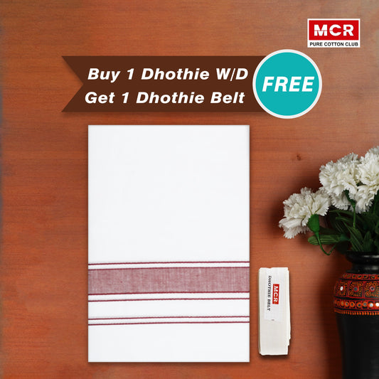 White Double Dhothie Cotton Colour Border For Men - FCD-03 Buy 1 Dhothie Get 1 Dhothie Belt Free (Assorted colours only)