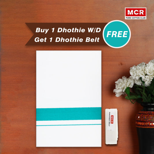 White Double Dhothie Cotton Colour Border For Men - FCD-366 Buy 1 Dhothie Get 1 Dhothie Belt Free (Assorted colours only)