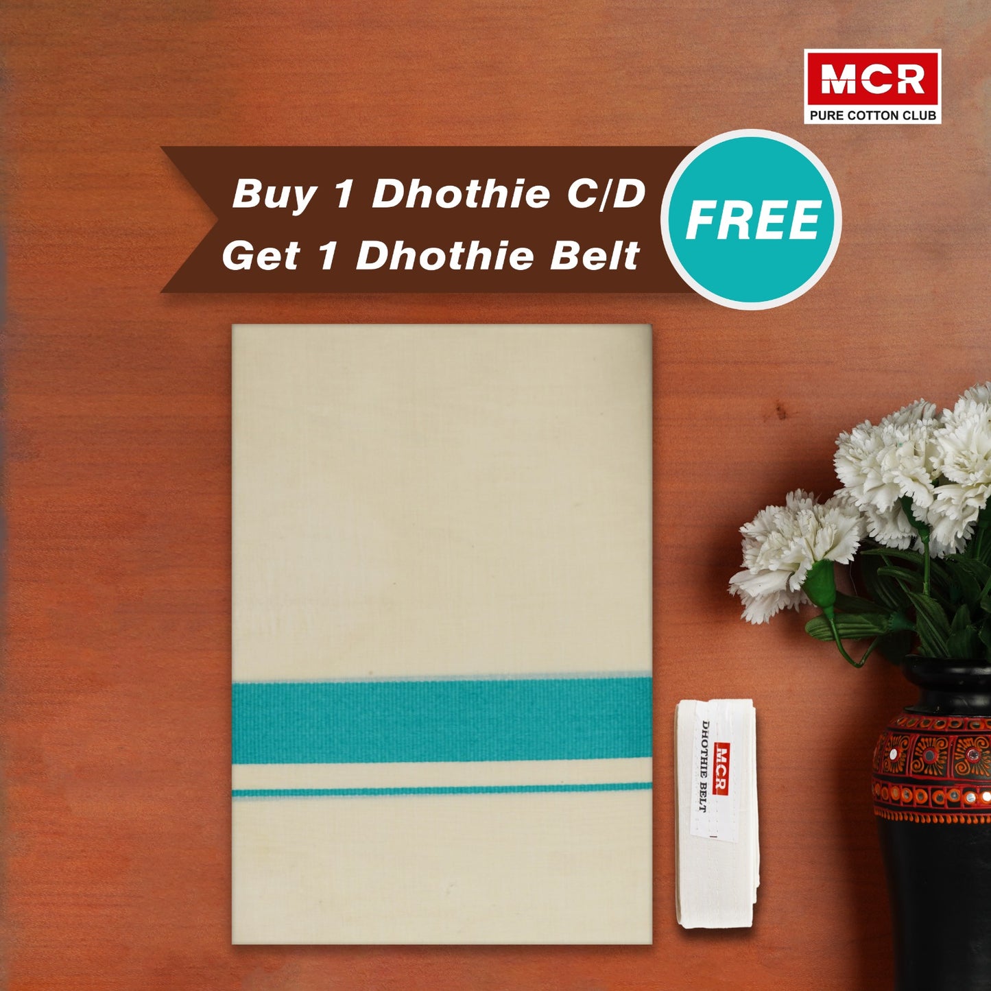 COTTON BORDER CREAM DOUBLE DHOTHIE FOR MEN - FCD-366C Buy 1 Dhothie Get 1 Dhothie Belt Free (Assorted colours only)