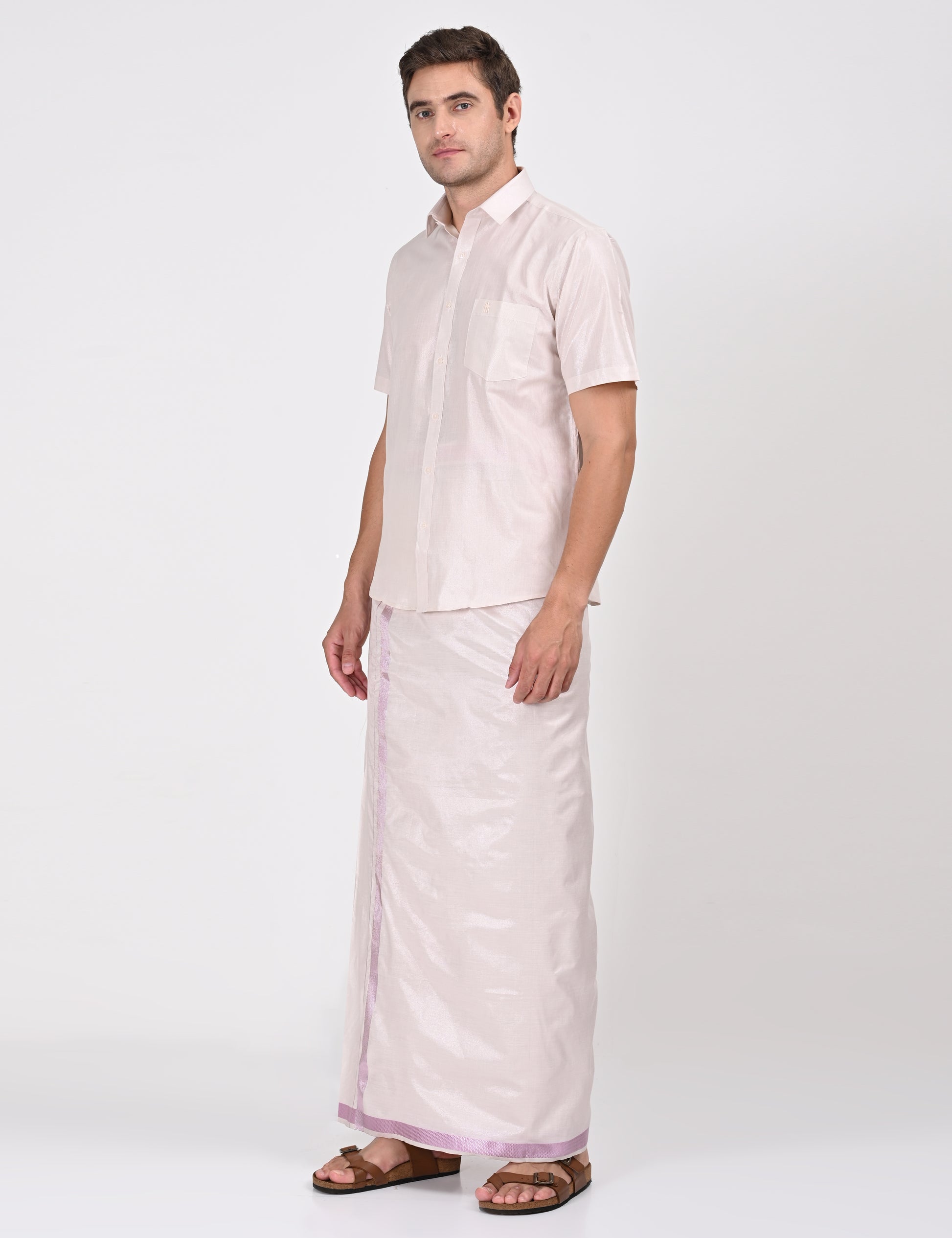 Men’s rose matching single dhoti set featuring a half sleeve shirt and stylish border design. Ideal for traditional and festive wear.