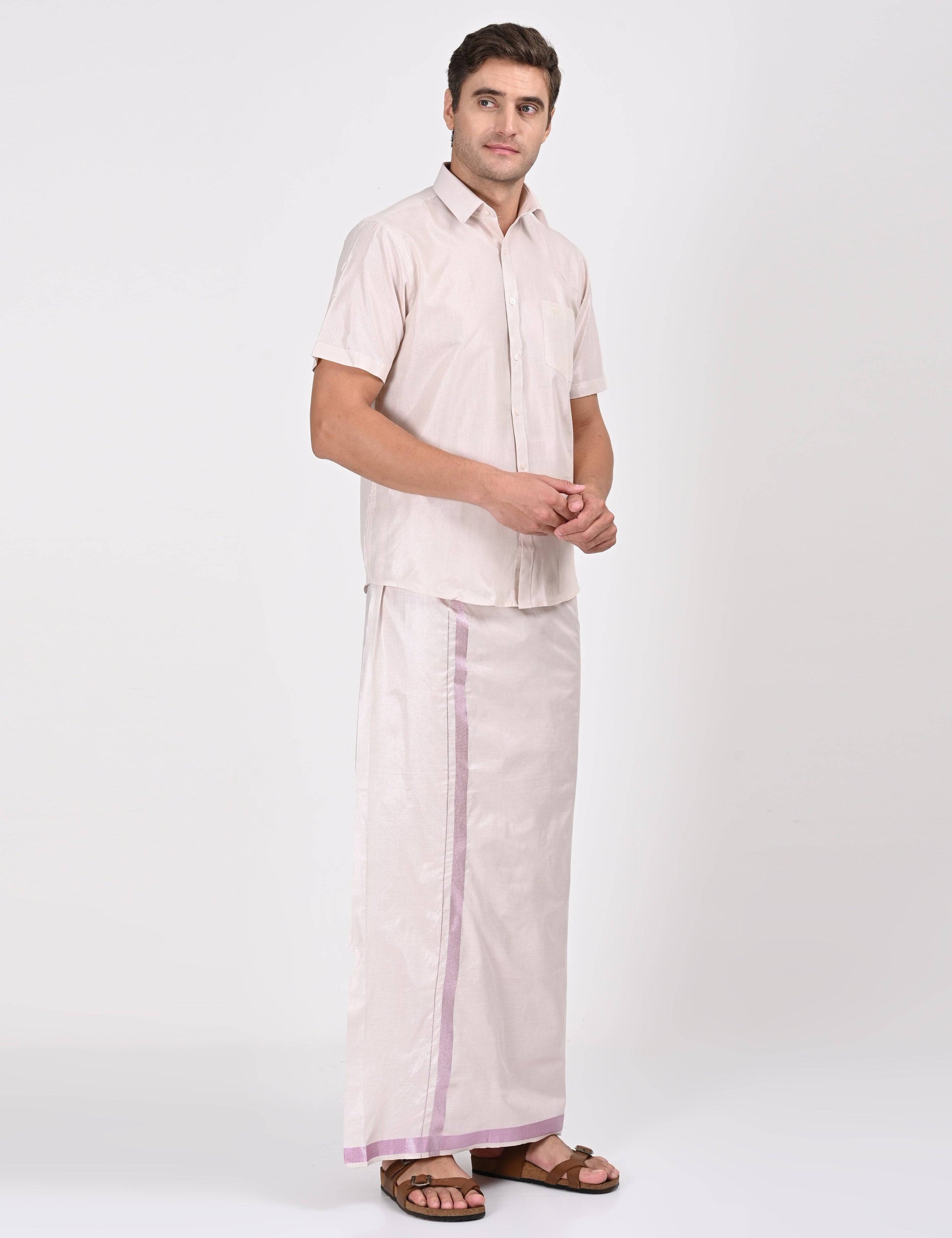 Elegant rose matching single dhoti set with half sleeve shirt, perfect for formal and cultural occasions. Traditional attire with a modern touch.
