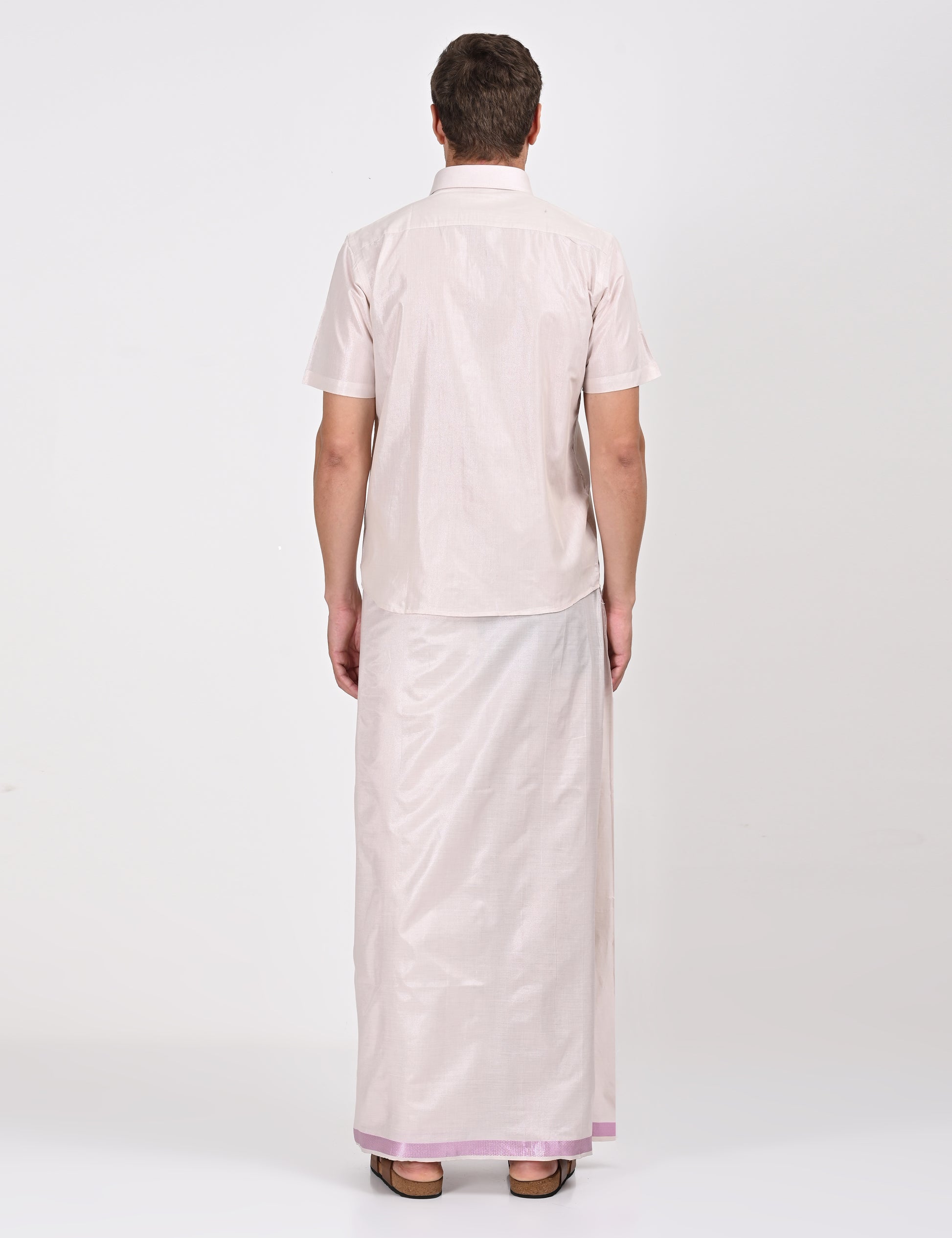 Back view of the rose matching single dhoti set, showcasing the smooth fabric and well-fitted half sleeve shirt for a refined look.