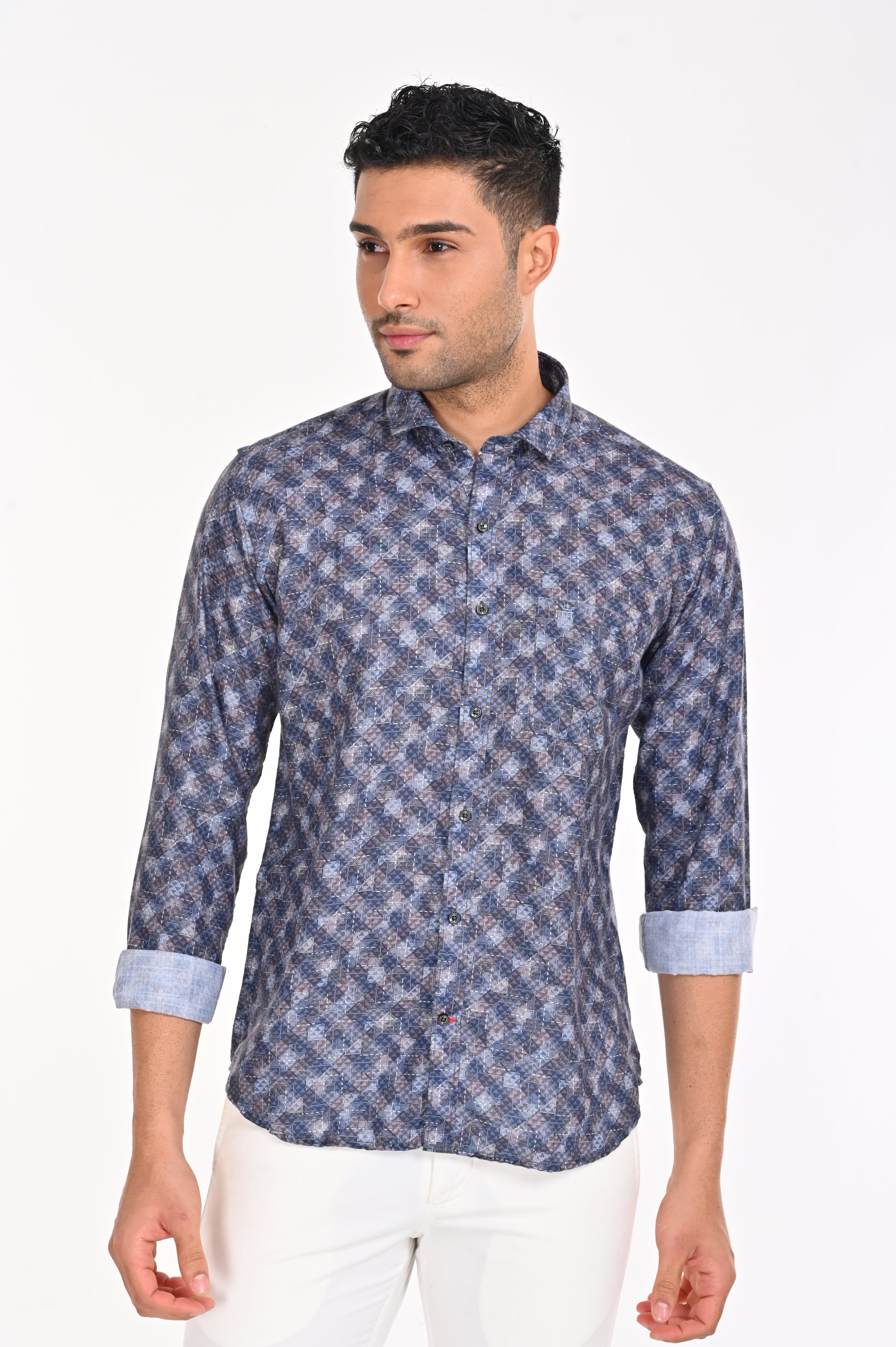 NEWSMAKER SLIMFIT FULL SLEEVE GREY & BLUE SHIRT