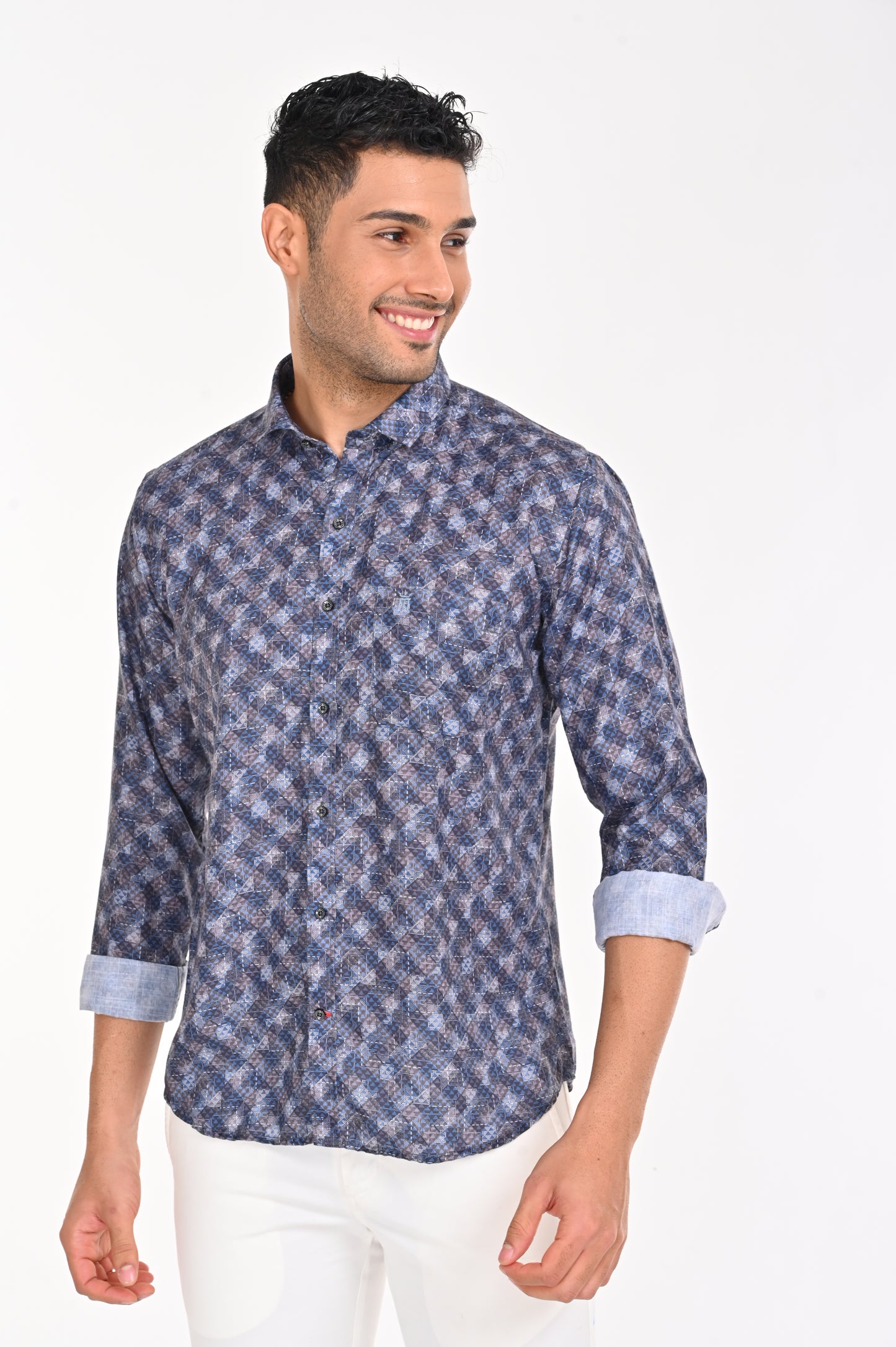 SHOP NEWSMAKER SLIMFIT FULL SLEEVE GREY & BLUE SHIRT