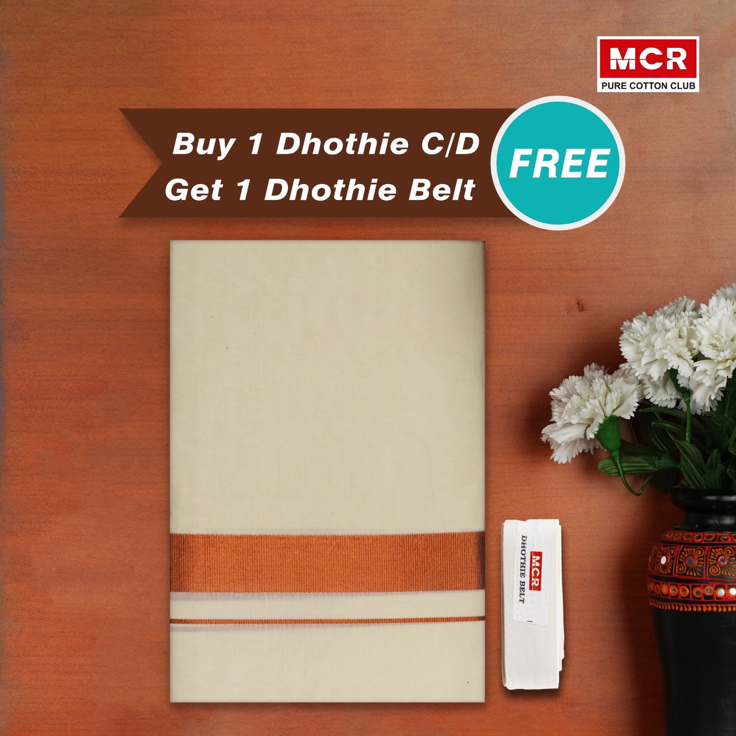 COPPER BORDER CREAM DOUBLE DHOTHIE FOR MEN - COPPER-10CBuy 1 Dhothie Get 1 Dhothie Belt Free