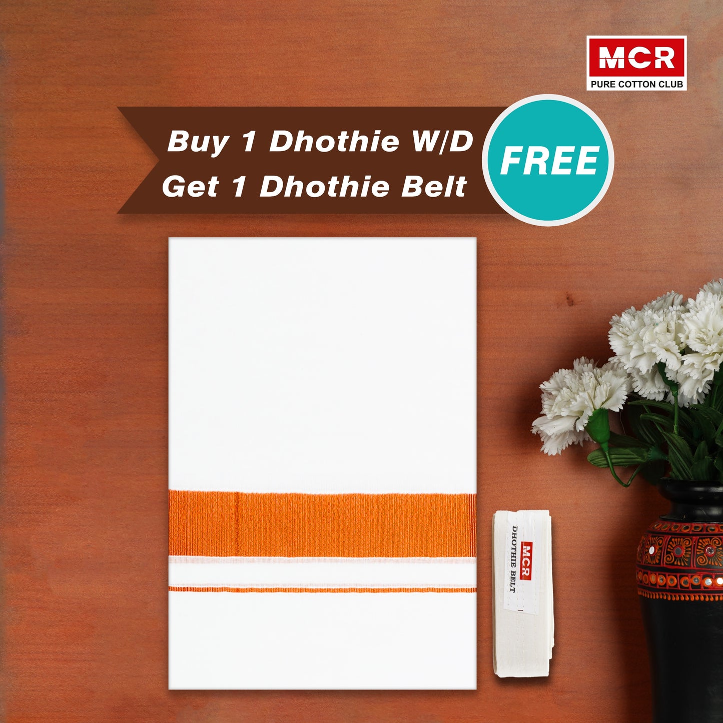 COPPER BORDER WHITE DOUBLE DHOTHIE FOR MEN - COPPER-10 Buy 1 Dhothie Get 1 Dhothie Belt Free