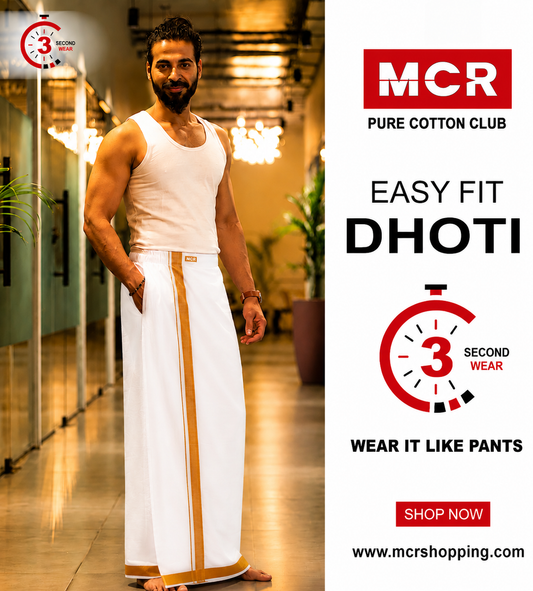 Easy Fit Fancy Border White Double Dhotis - Brown
