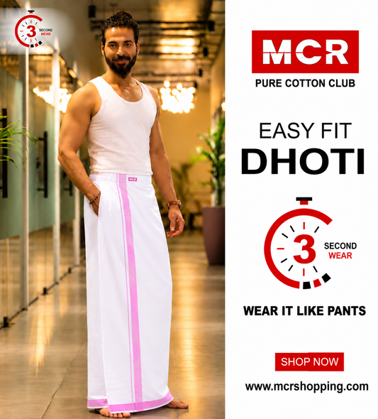 Easy Fit Fancy Border White Double Dhotis - Pink
