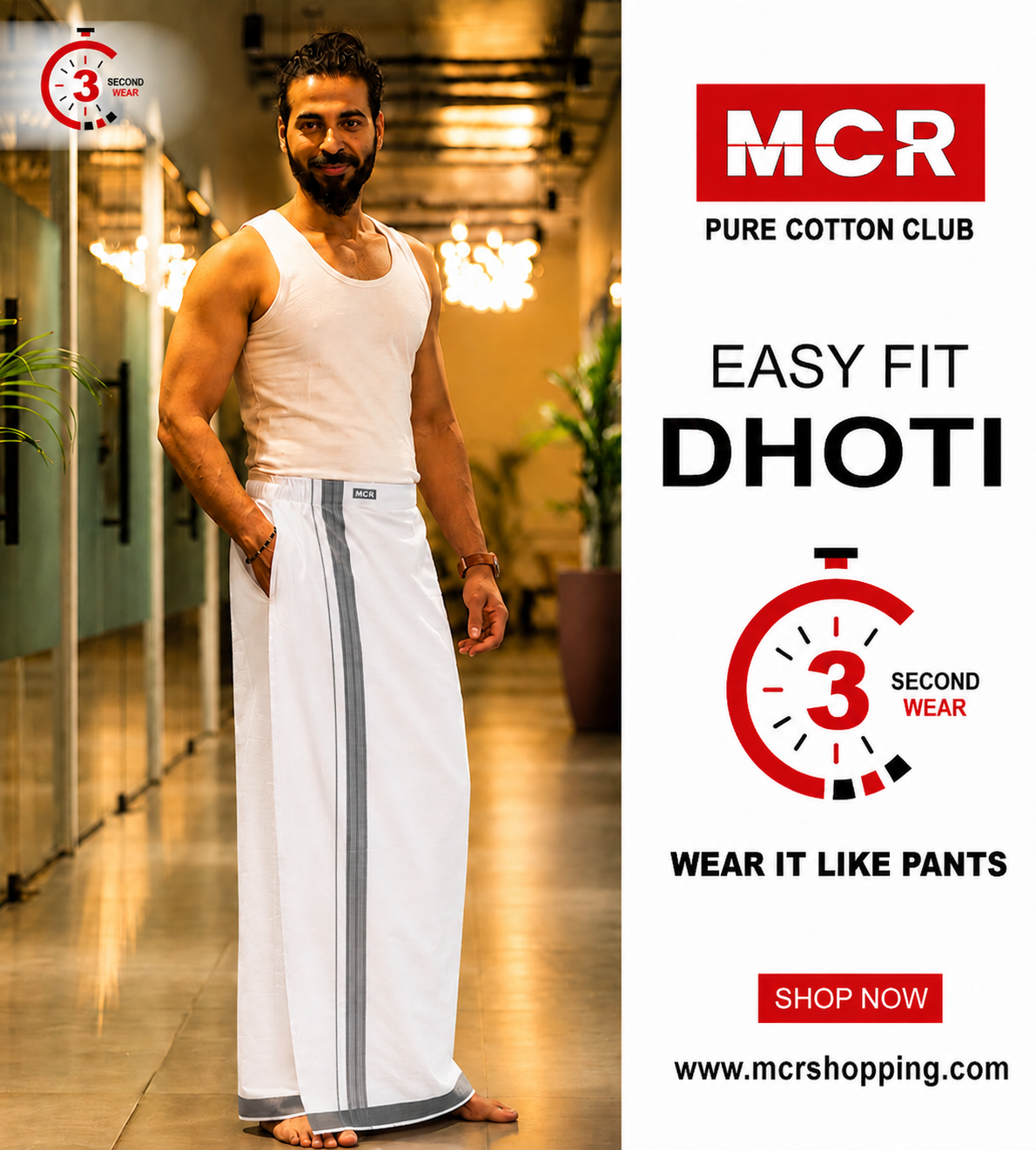 Easy Fit Fancy Border White Double Dhotis - Gray